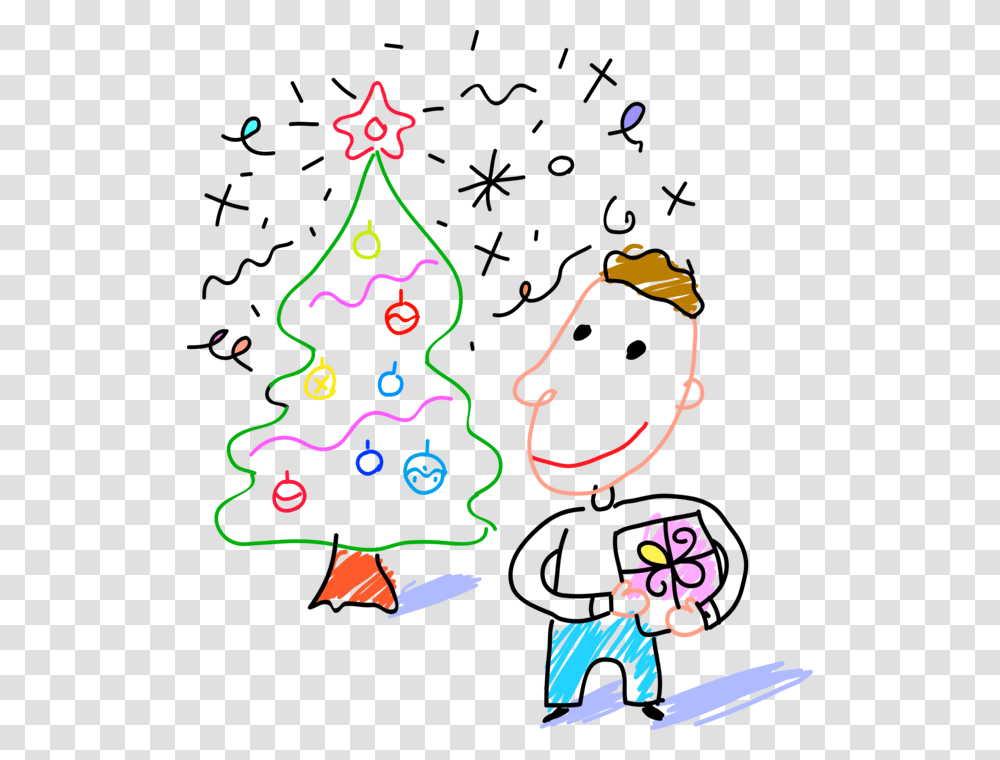 Vector Illustration Of Child Receives Present Gift Cartoon, Tree, Plant, Ornament, Christmas Tree Transparent Png