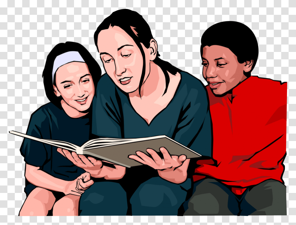 Vector Illustration Of Children With Teacher Reading Mulher Com Filhos, Person, Human, Face, People Transparent Png