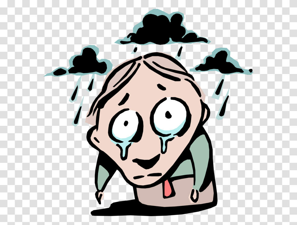 Vector Illustration Of Crying Valley Of Tears Idiom Dark Cloud Above Head, Face, Drawing Transparent Png