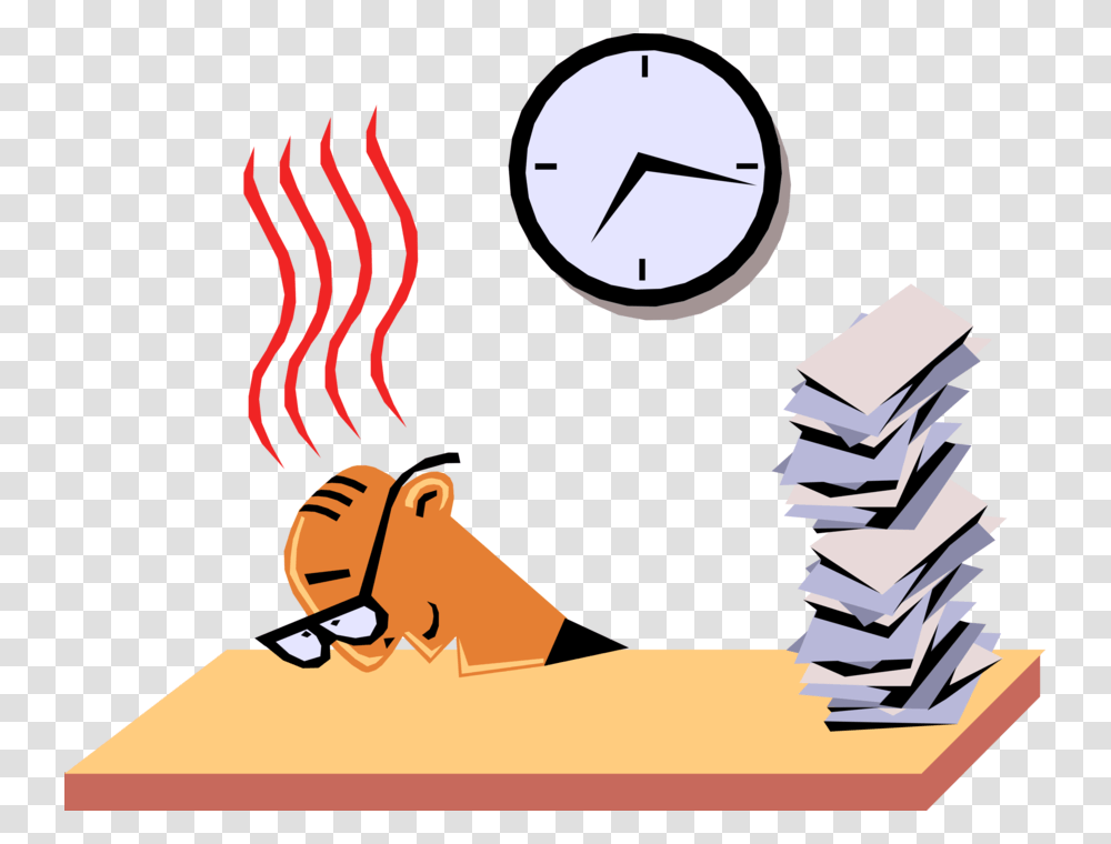 Vector Illustration Of Exhausted Businessman Works Falling Asleep At Work Cartoon, Analog Clock Transparent Png
