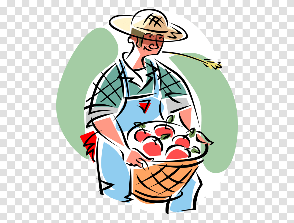 Vector Illustration Of Farmer With Apple Orchard Harvest Agriculture Cartoon, Person, Human, Helmet Transparent Png