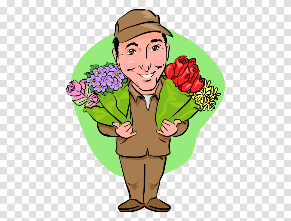 Vector Illustration Of Florist Delivery Man Delivers Cartoon, Plant, Person, Human, Flower Transparent Png