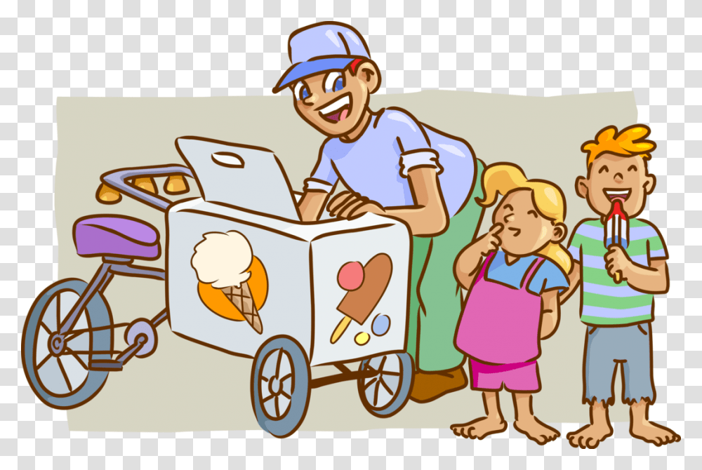 Vector Illustration Of Gelato Ice Cream Bicycle Vendor Ice Cream Vendor Clipart, Person, Helmet, People Transparent Png