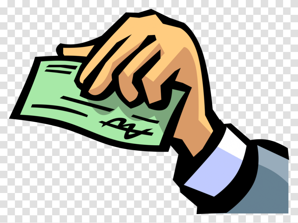 Vector Illustration Of Hand Holds Signed Check Or Cheque, Word, Label, Number Transparent Png