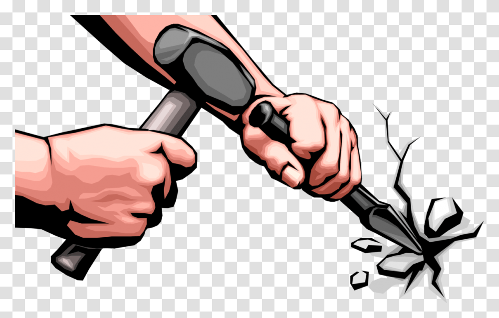 Vector Illustration Of Hands With Sledgehammer And Slowly Chipping Away, Tool, Scissors, Blade, Weapon Transparent Png