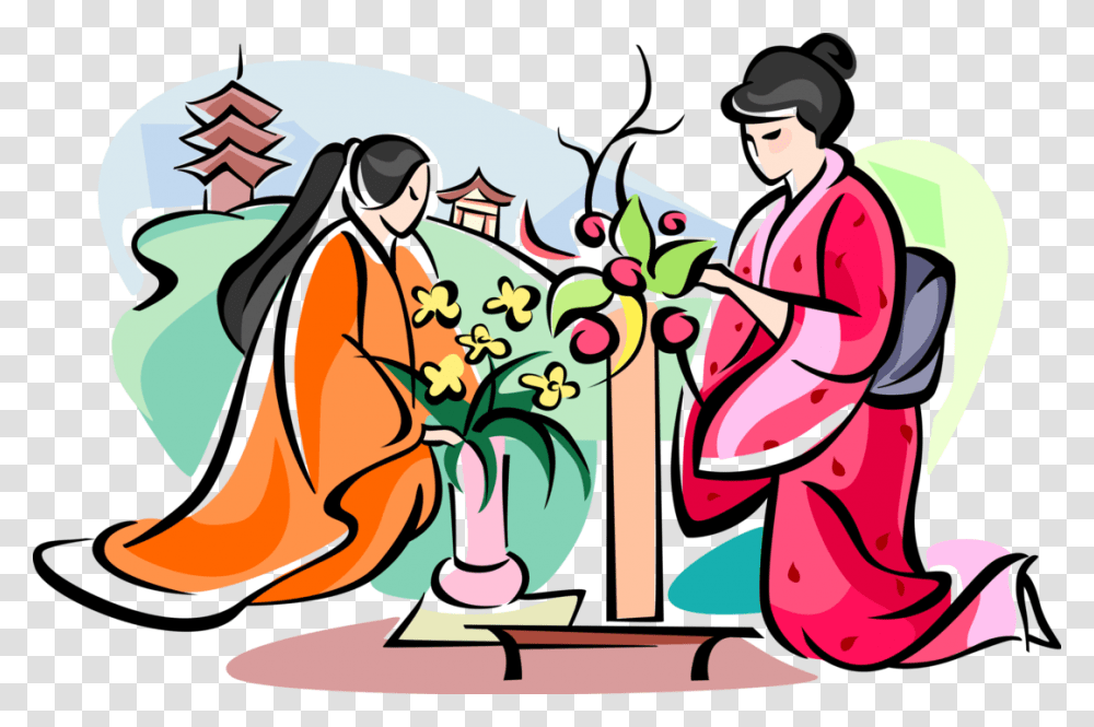 Vector Illustration Of Ikebana Japanese Art Of Flower Ikebana Clipart, Person, Washing, Performer, Female Transparent Png