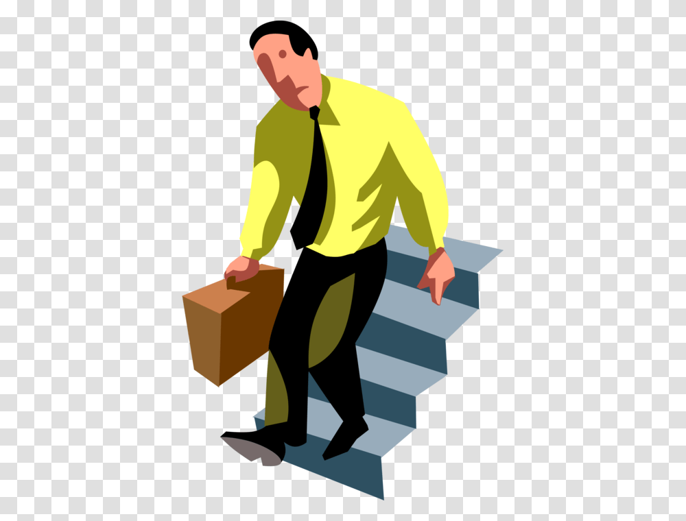Vector Illustration Of Lethargic Incompetent Loser Going Down Stairs Clipart, Person, Human, Bag, Briefcase Transparent Png