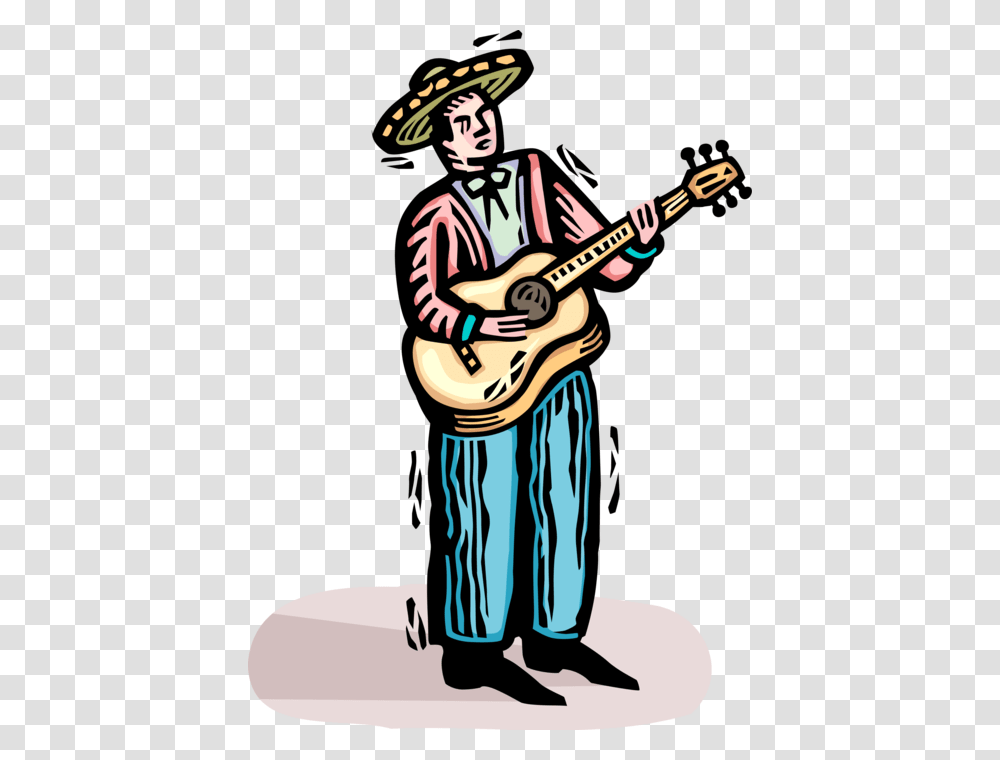 Vector Illustration Of Mexican Musician With Sombrero Illustration, Guitarist, Performer, Person, Musical Instrument Transparent Png
