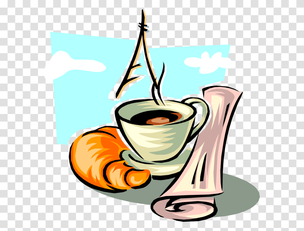 Vector Illustration Of Morning Cup Of Coffee Viennoiserie Pastry, Coffee Cup, Pottery, Saucer, Beverage Transparent Png