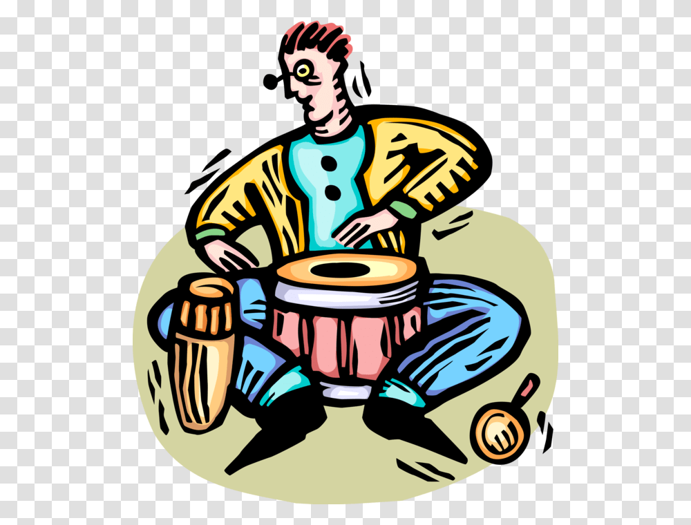 Vector Illustration Of Musician Plays Bongo Drums Musical, Person, Musical Instrument, Human, Percussion Transparent Png