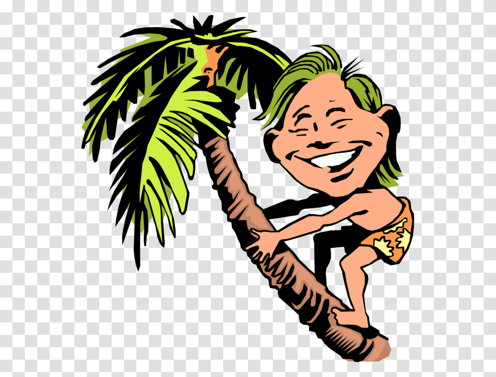 Vector Illustration Of Native Hawaiian Boy Climbs Palm Man Climbing Tree Cartoon, Person, Vegetation, Plant, Face Transparent Png