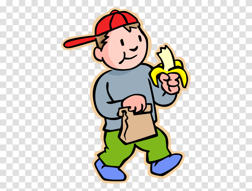 Vector Illustration Of Primary Or Elementary School Boy Eating Banana Clipart, Plant, Food, Fruit, Weapon Transparent Png