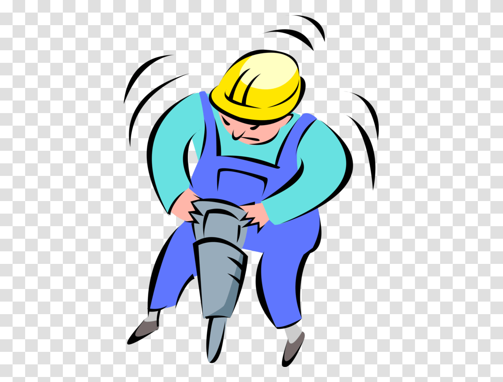 Vector Illustration Of Road Crew Construction Worker Cartoon Jackhammer, Helmet, Apparel, Person Transparent Png