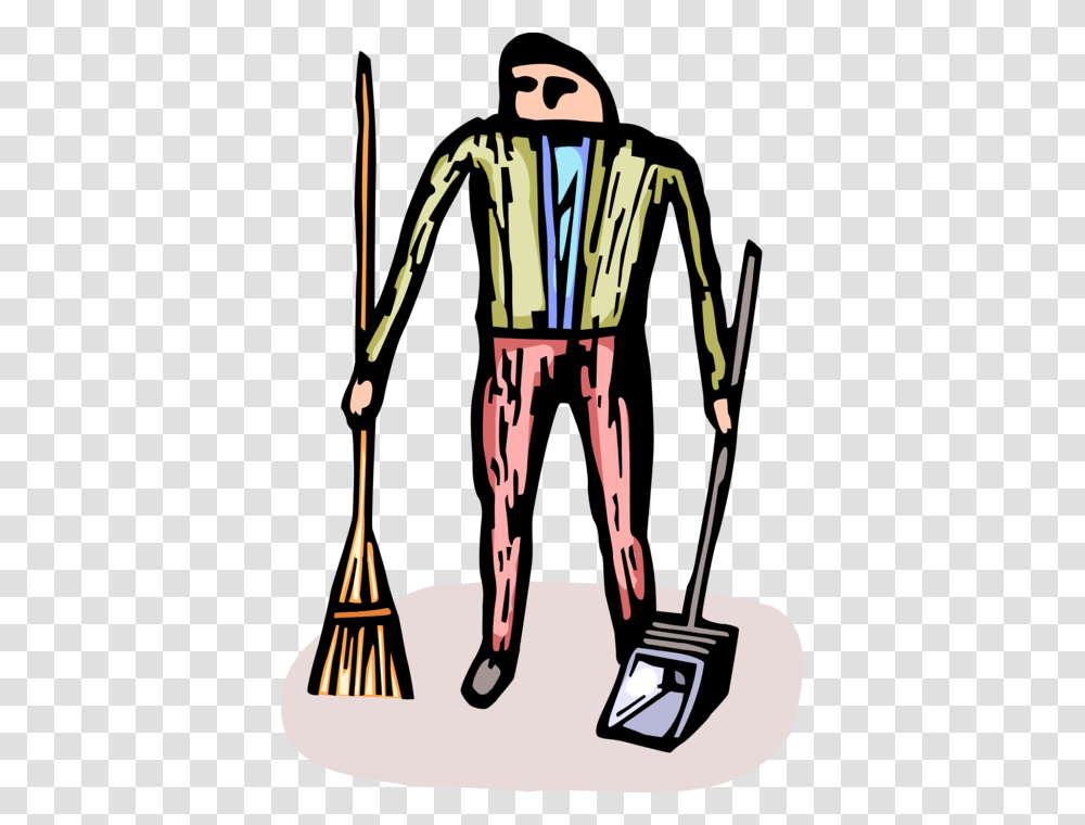 Vector Illustration Of School Janitor Custodian With, Leisure Activities, Crowd, Broom, Robot Transparent Png