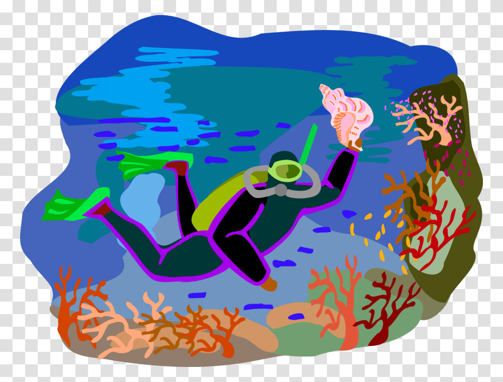 Vector Illustration Of Scuba Diver Finds Seashell While, Water, Diving, Sport, Sports Transparent Png