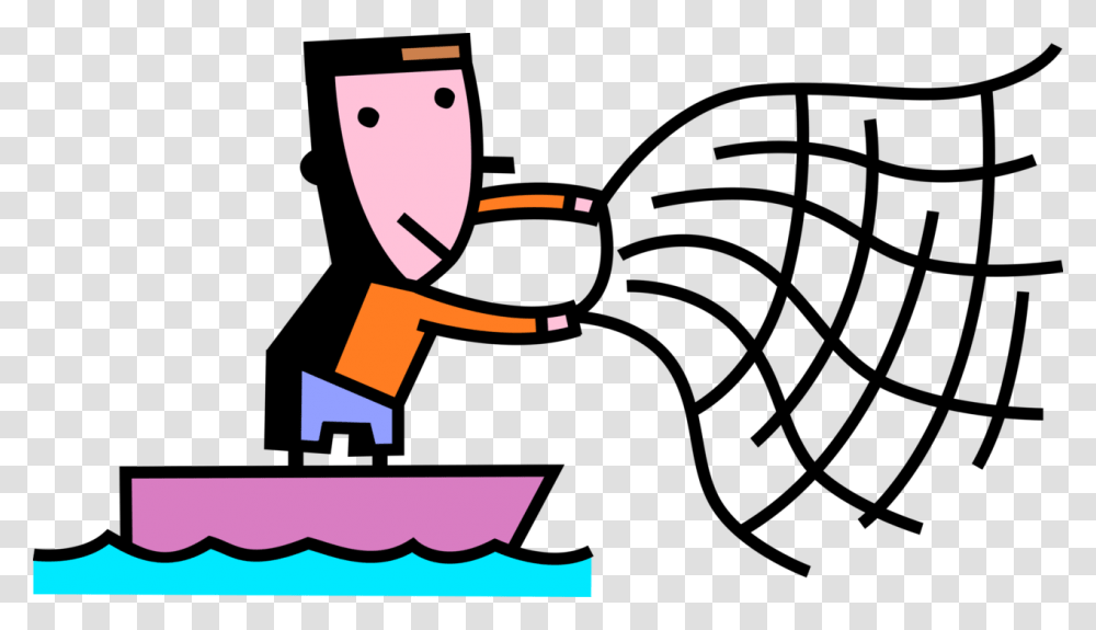 Vector Illustration Of Sport Fisherman Angler Throws Cartoon Fisherman With Net, Face, Crowd, Label Transparent Png