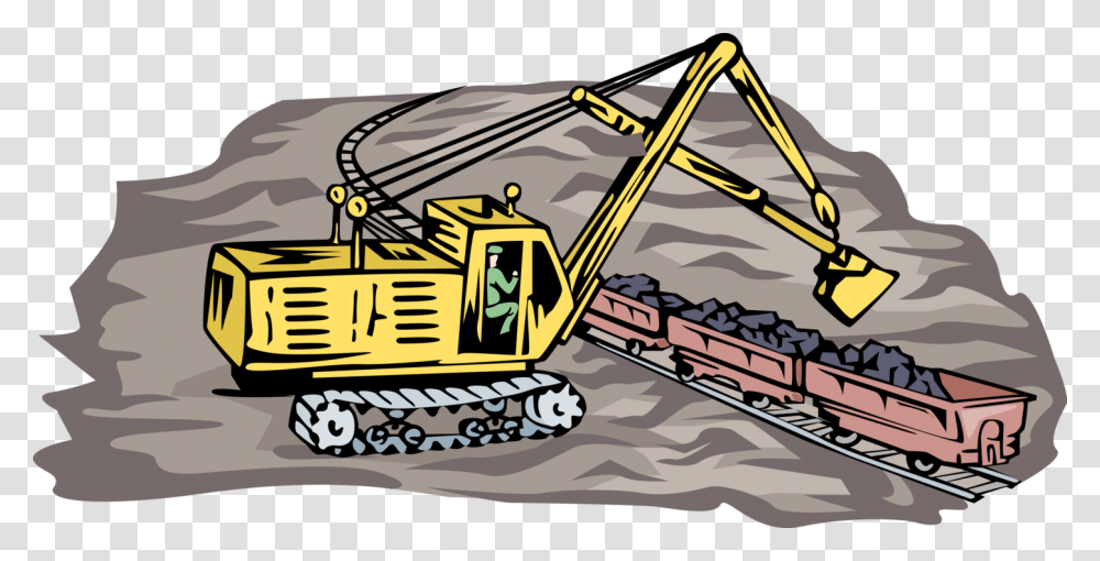 Vector Illustration Of Steam Shovel Loading Rail Cars Illustration, Transportation, Vehicle, Watercraft, Vessel Transparent Png