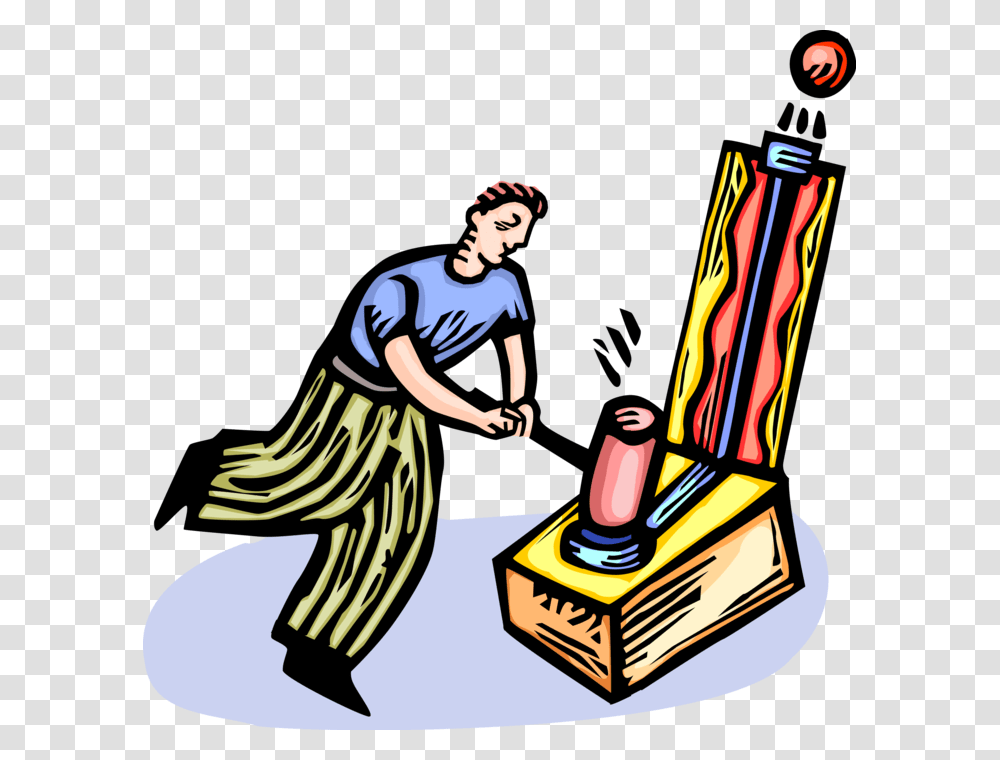 Vector Illustration Of Strongman Plays Strength Tester Carnival Bell And Hammer Game, Person, Performer, Curling, Sport Transparent Png