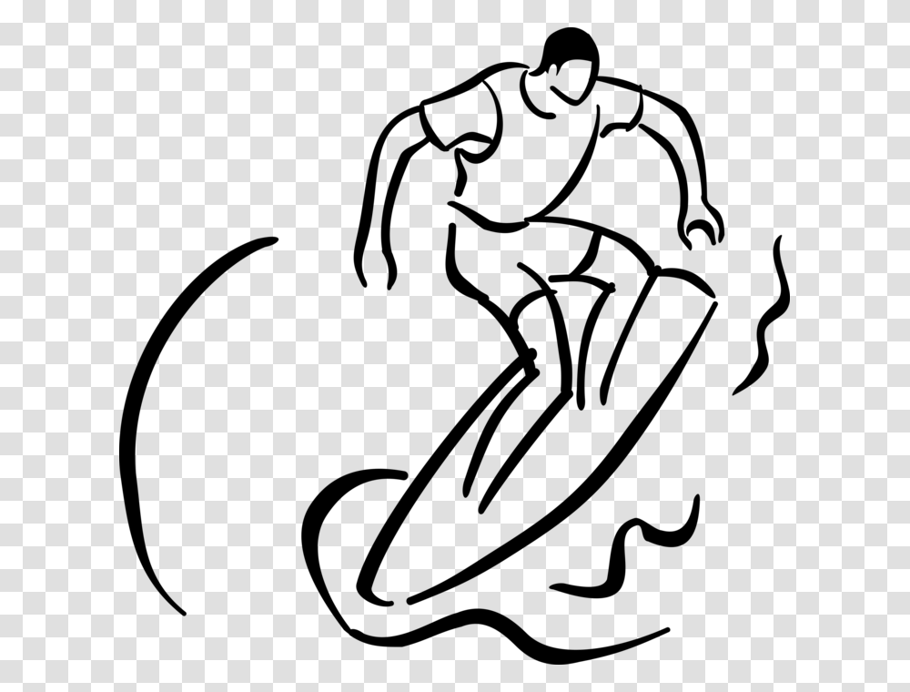 Vector Illustration Of Surfer Rides Surfboard While Black White Line Art Surfing, Gray, World Of Warcraft Transparent Png
