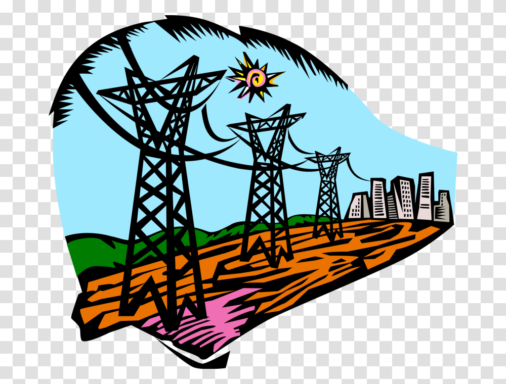 Vector Illustration Of Transmission Towers Carry Electrical Hidreltricas, Power Lines, Cable, Electric Transmission Tower Transparent Png