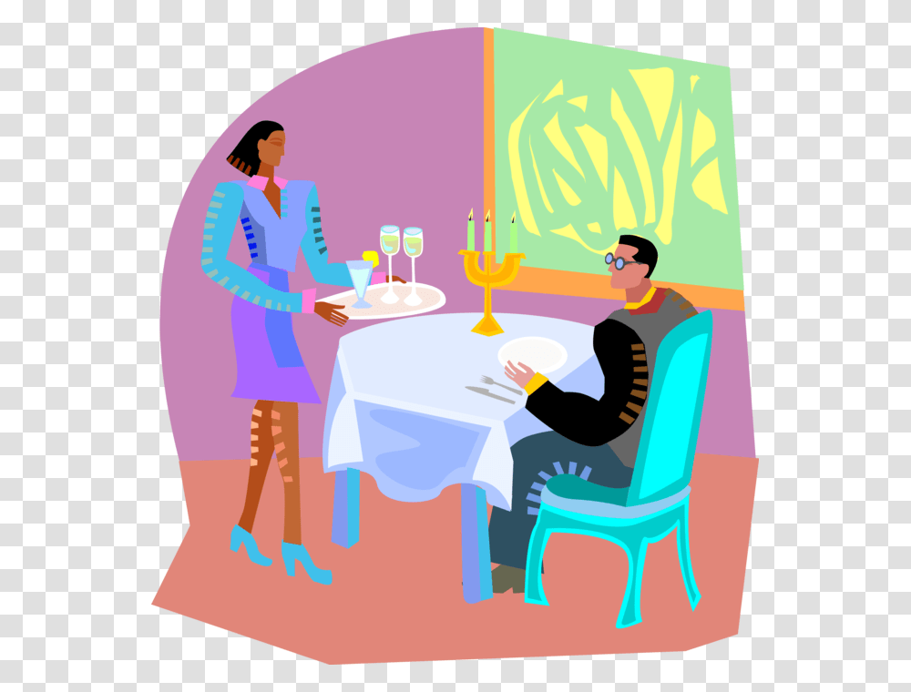 Vector Illustration Of Waitress Server Delivers Drinks Presentation For Guest Relation, Person, Dating, Poster, Meal Transparent Png