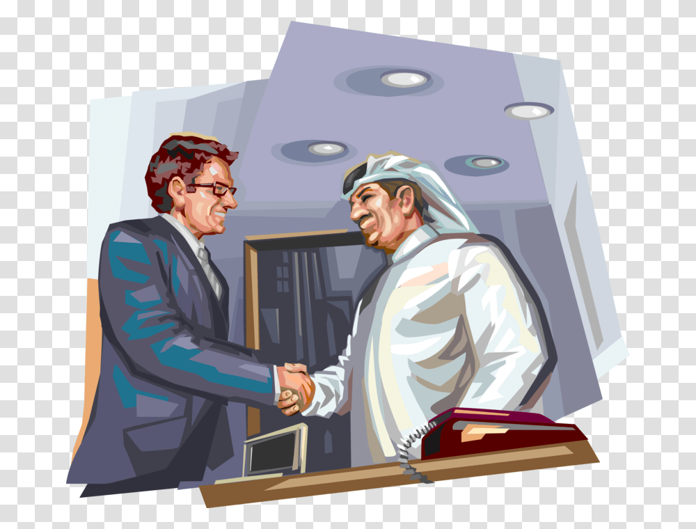 Vector Illustration Of Western Businessman Shaking Arab Man Shake Hand Illustrator, Person, Human, Helmet Transparent Png