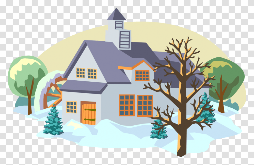 Vector Illustration Of Winter Scene With Grist Mill Winter Scenes Clipart, Housing, Building, Nature, Outdoors Transparent Png