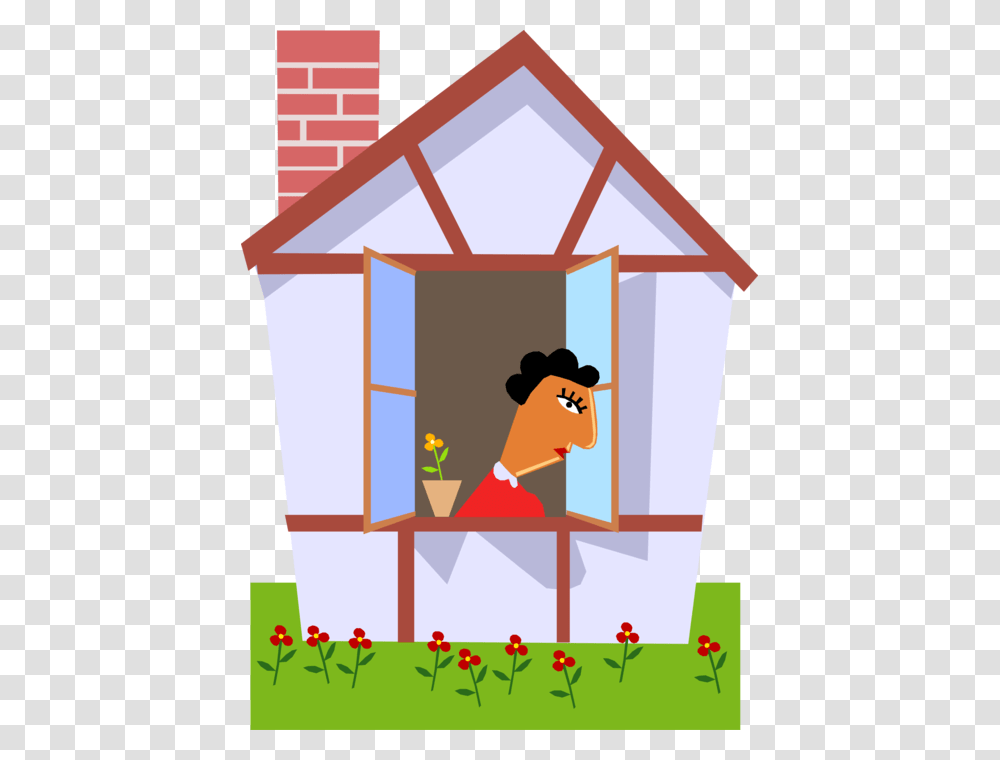 Vector Illustration Of Woman Looking Out The House Woman Looking Out Of Window Clip Art, Tree, Plant, Outdoors, Toolshed Transparent Png