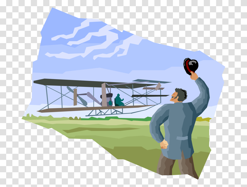 Vector Illustration Of Wright Brothers At Kitty Hawk Clipart Wright Brothers Airplane Flight, Person, Human, Aircraft, Vehicle Transparent Png