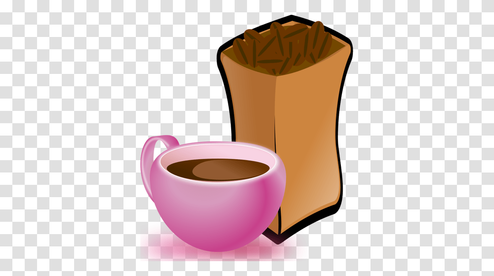 Vector Image Of Pink Cup Of Coffee With Sack Of Coffee Beans, Coffee Cup, Bag, Beverage, Drink Transparent Png