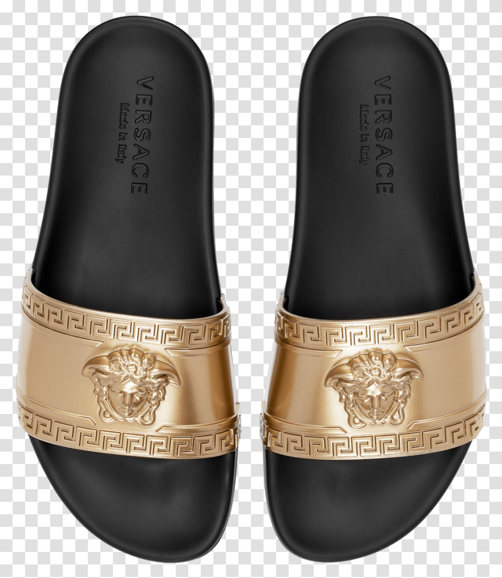 Versace Logo Slides P2wshlrpgd Versace Slipper, Clothing, Apparel, Footwear, Bronze Transparent Png