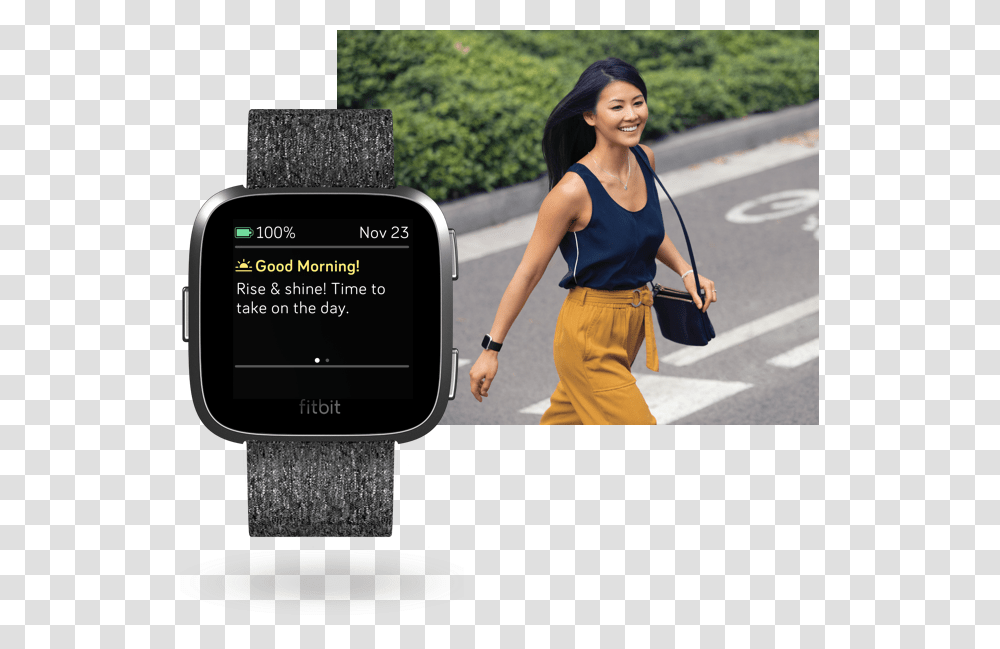 Versaproject 01 Fitbit Versa On Woman, Person, Wristwatch, Tarmac Transparent Png
