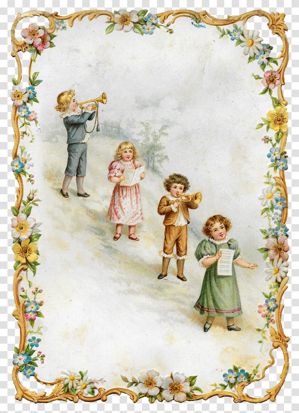 Victorian Vintage Greeting Printable Image Children Creative Arts, Person, Painting, Musical Instrument, Brass Section Transparent Png
