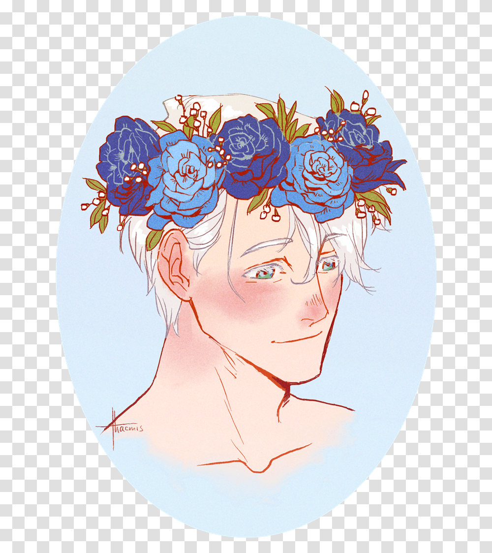 Victuuri Flower Crowns U203f As Stickers And More Blue Flower Crown Drawing, Person, Art, Face, Pillow Transparent Png