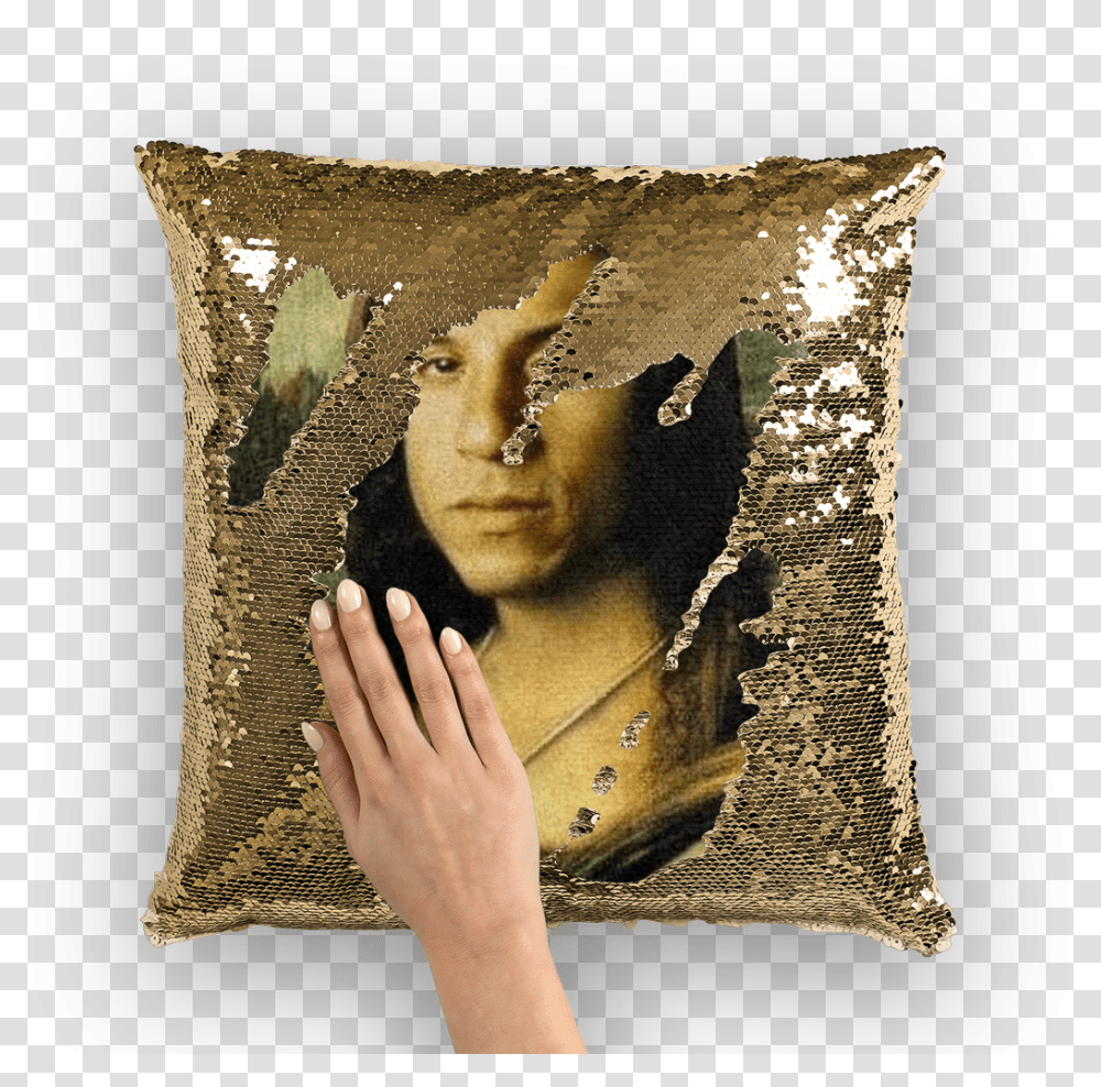 Vin Diesel As The Mona Lisa Sequin Cushion Cover Nicolas Cage Sparkle Pillow, Person, Human Transparent Png