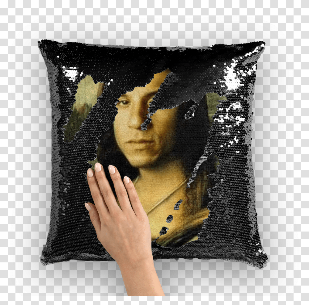 Vin Diesel As The Mona Lisa Sequin Cushion Cover Vin Diesel, Pillow, Person, Human Transparent Png