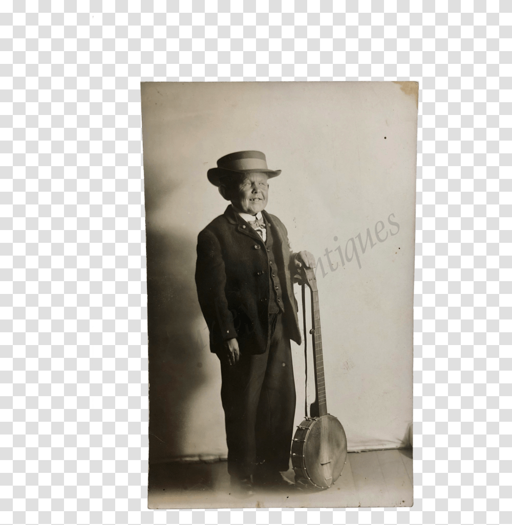 Vintage 1910s Dwarf Man Banjo Musician Performer Photo Standing, Person, Hat, Leisure Activities Transparent Png