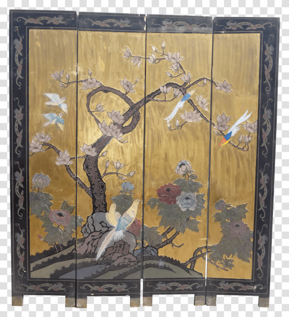 Vintage Asian Four Panel Gold Screen Room Divider With Birds Modern Art Transparent Png