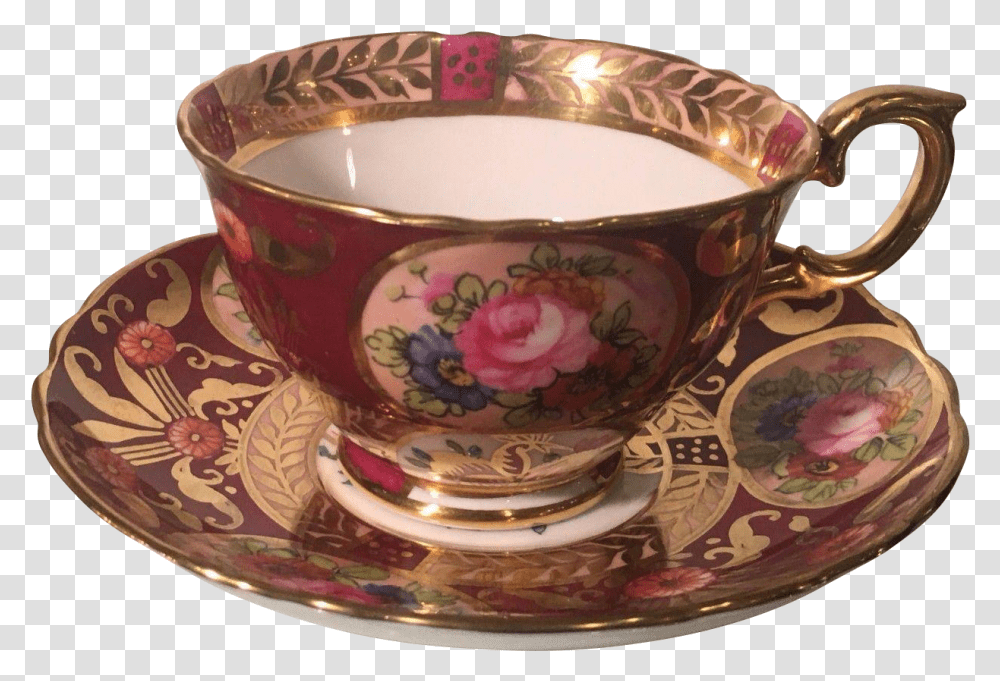 Vintage Crown Staffordshire Cobalt Red & Gold Floral Tea Cup Teacup, Saucer, Pottery, Coffee Cup Transparent Png
