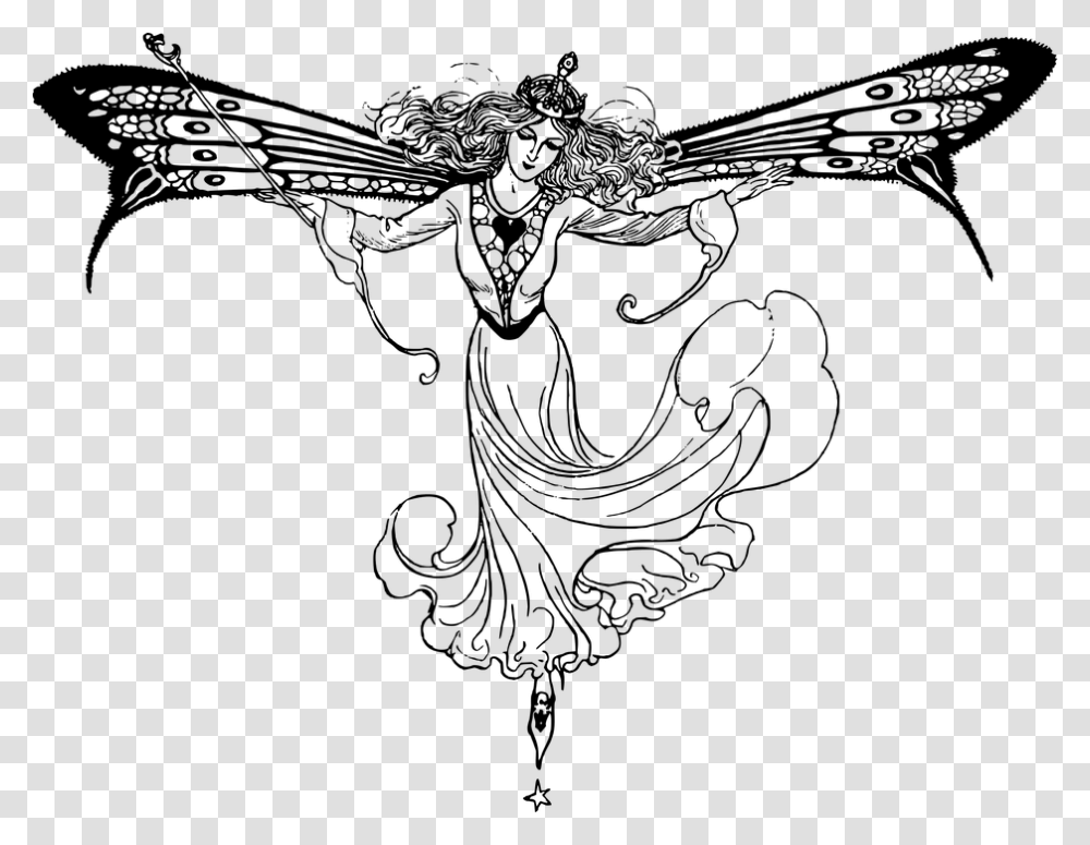 Vintage Fairy Line Art Queen Princess Royalty Mercutio Queen Mab Romeo And Juliet, Gray, World Of Warcraft Transparent Png