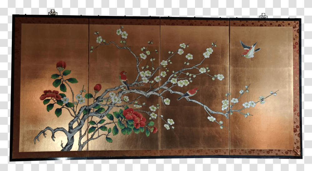 Vintage Hand Painted 4 Panel Framed Cherry Blossom Silk Screen Wall Transparent Png