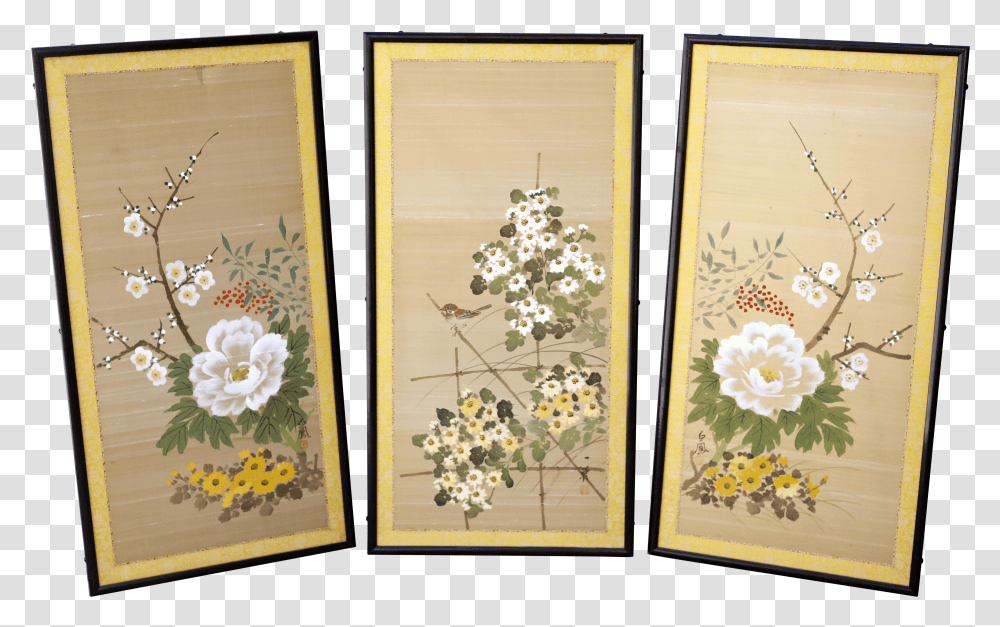 Vintage Hand Painted Japanese Floral Panels In Black Lacquer Picture Frame Transparent Png