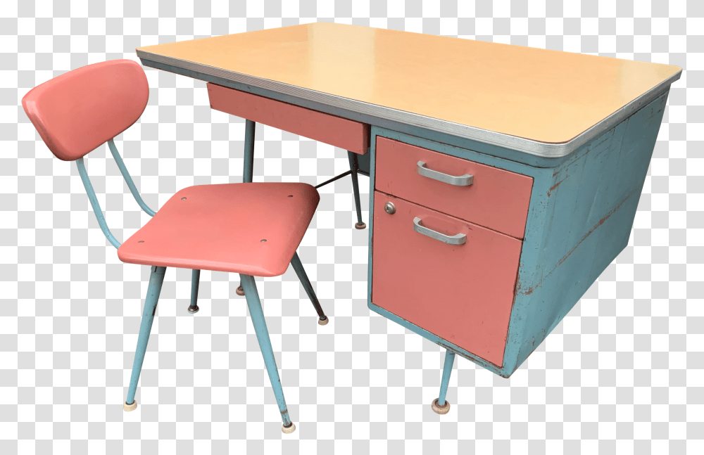 Vintage Industrial Pink Teachers Metal Tanker Desk Solid, Furniture, Table, Chair, Electronics Transparent Png