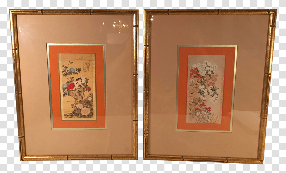 Vintage Japanese Wall Hangings In Gold Faux Bamboo Frames A Pair Chrysanthemums By Master Of Seal Transparent Png