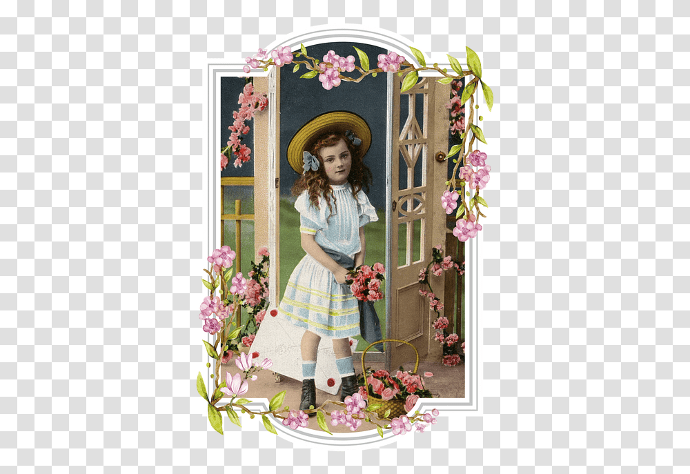 Vintage Little Girl Framed Hat Edwardian Child Doll, Plant, Flower, Floral Design, Pattern Transparent Png