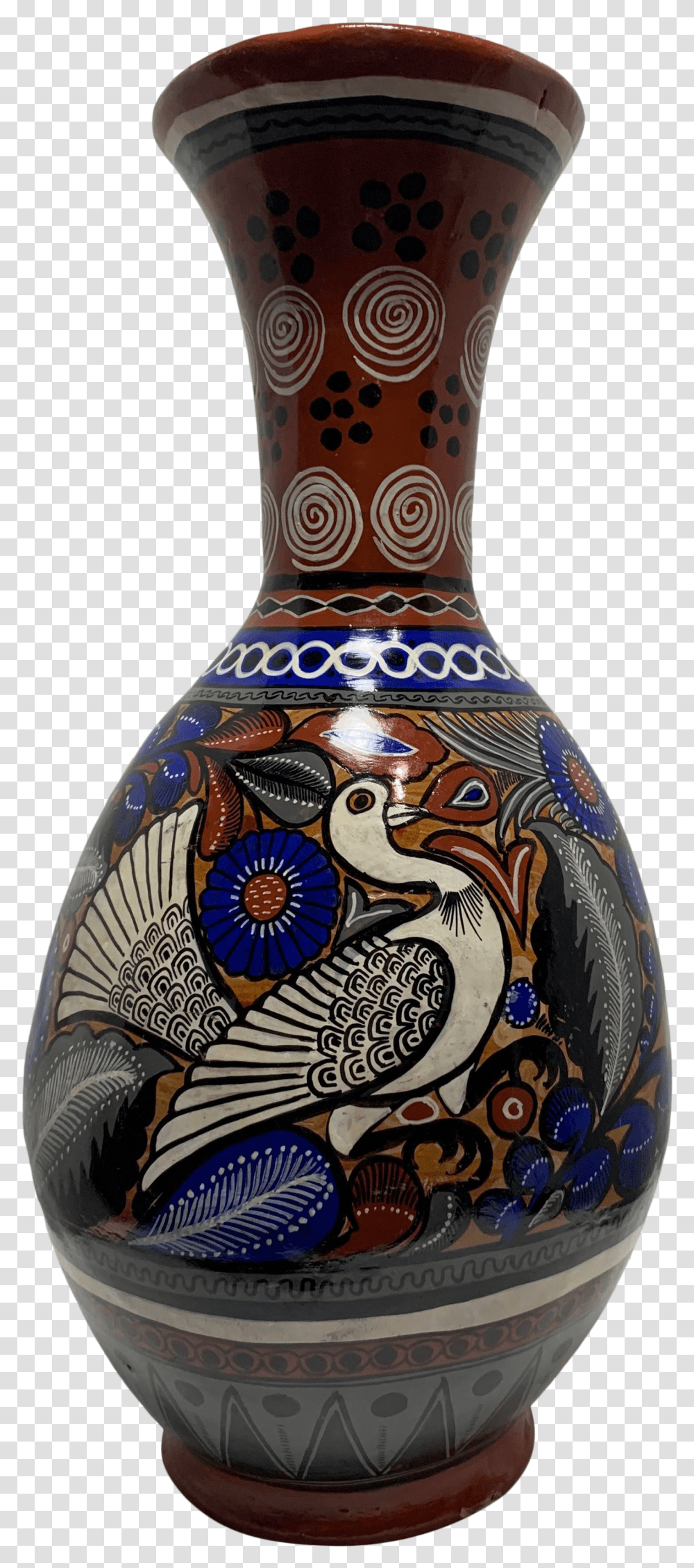 Vintage Mexican Pottery Vase With Blue Flowers And White Doves Earthenware Transparent Png
