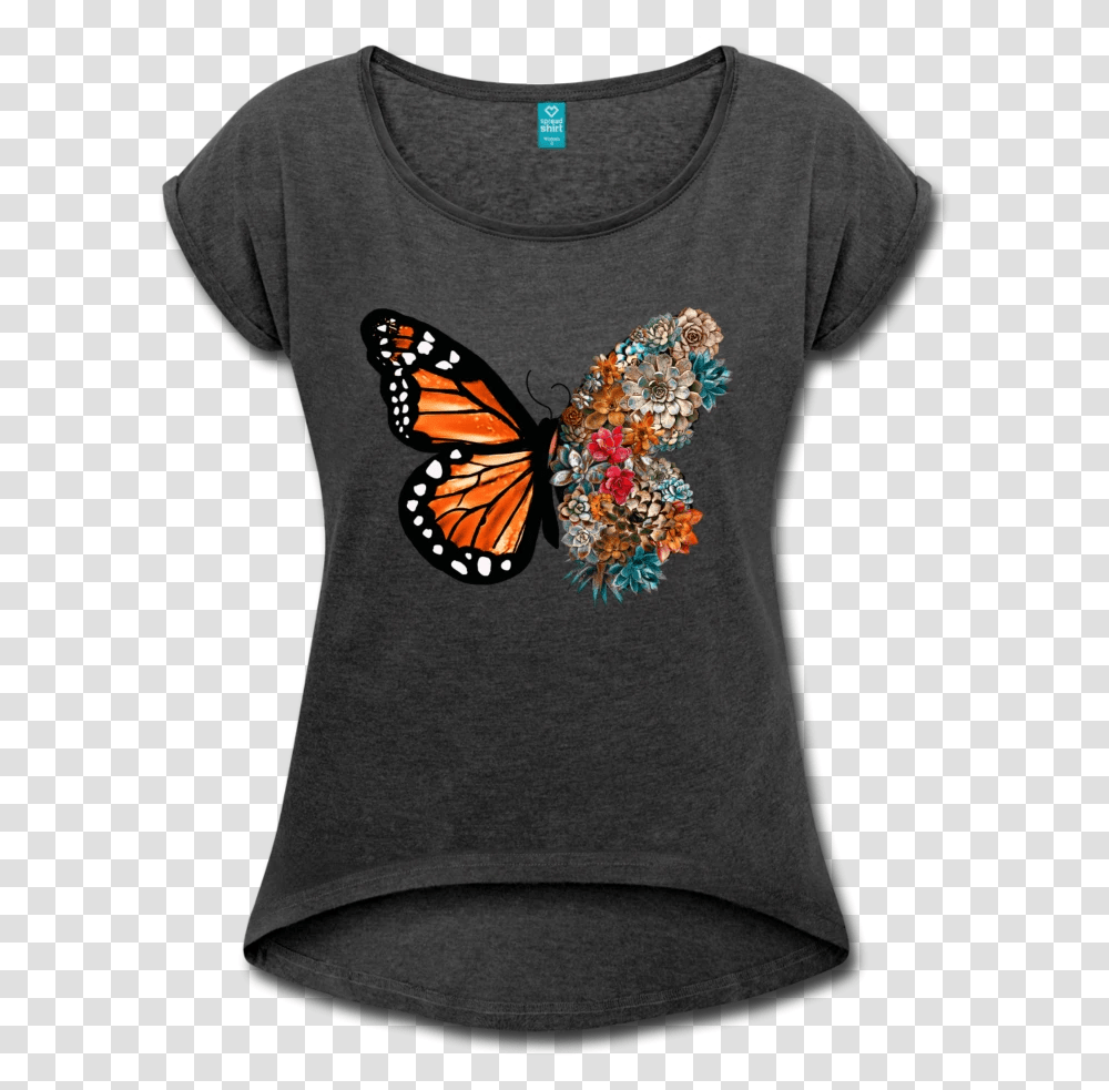 Vintage Monarch Butterfly Watercolor Women's Roll Cuff T Short Sleeve, Clothing, Insect, Invertebrate, Animal Transparent Png