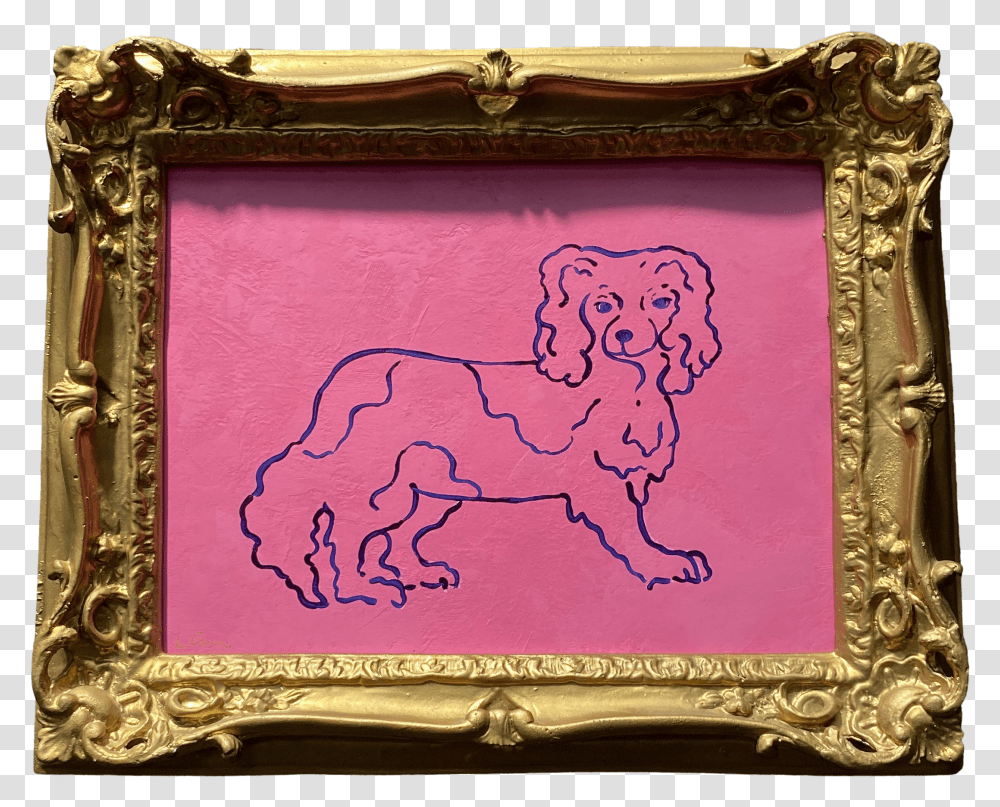 Vintage Original Pink Dog Art In Gold Picture Frame Transparent Png