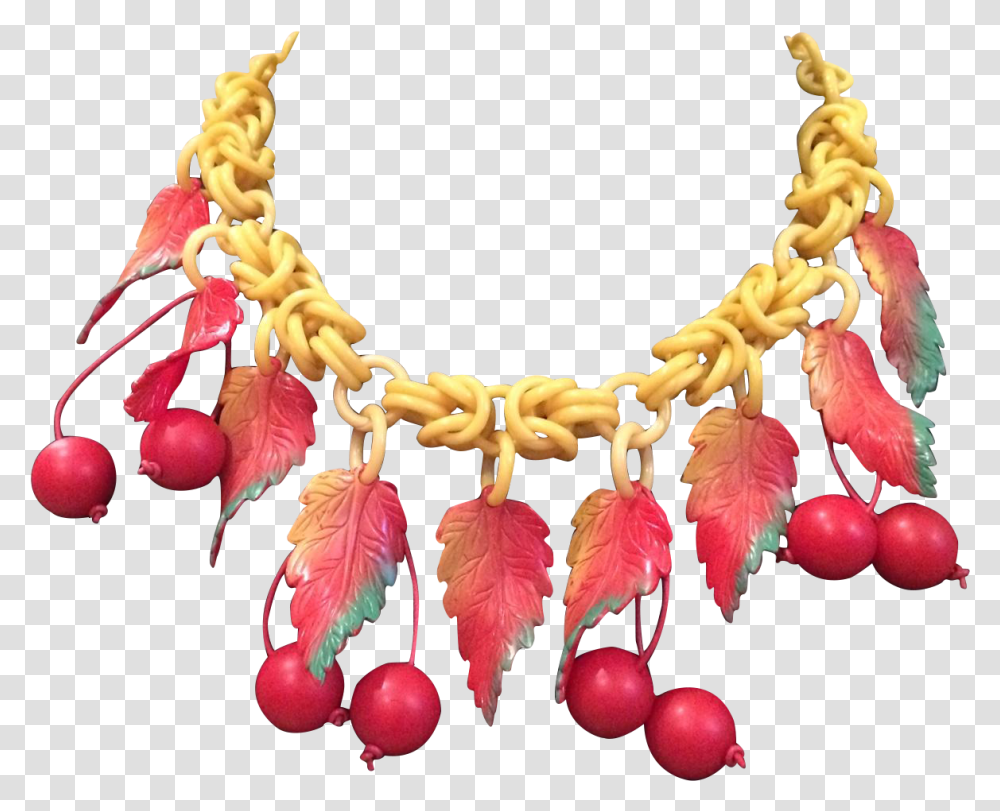 Vintage Red And Yellow Celluloid Cherry And Leaf Necklace, Plant, Flower, Blossom, Petal Transparent Png