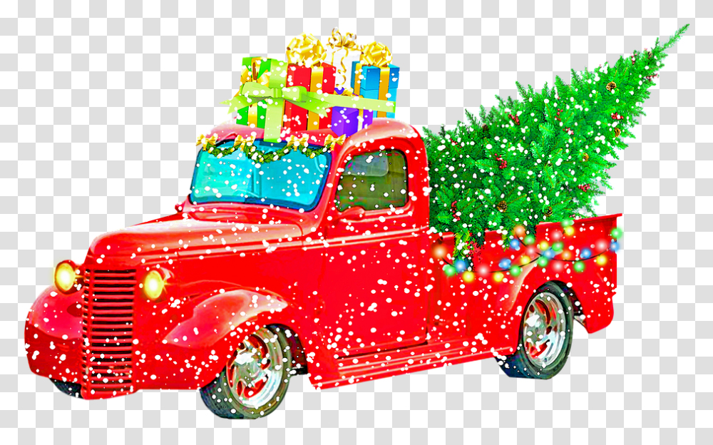 Vintage Red Pickup Truck With Christmas Tree, Transportation, Vehicle, Fire Truck, Plant Transparent Png
